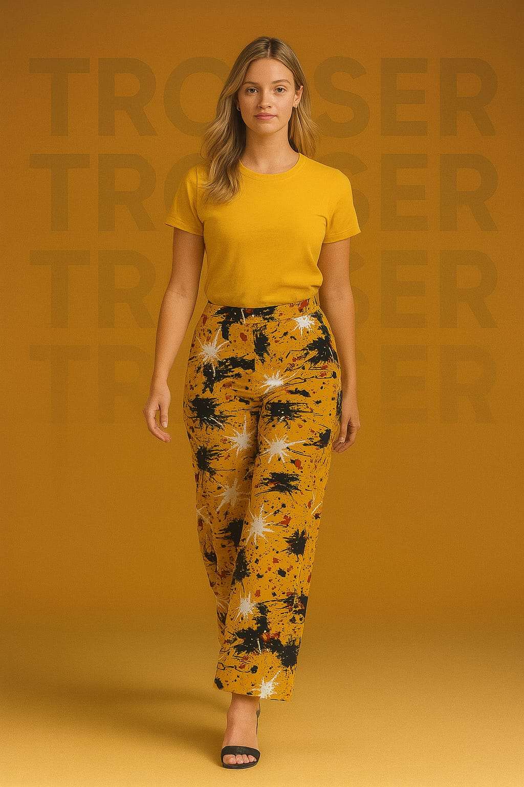 Golden Splash Palazzo Pants β Yellow Wide-Leg Trousers with Abstract Paint Print