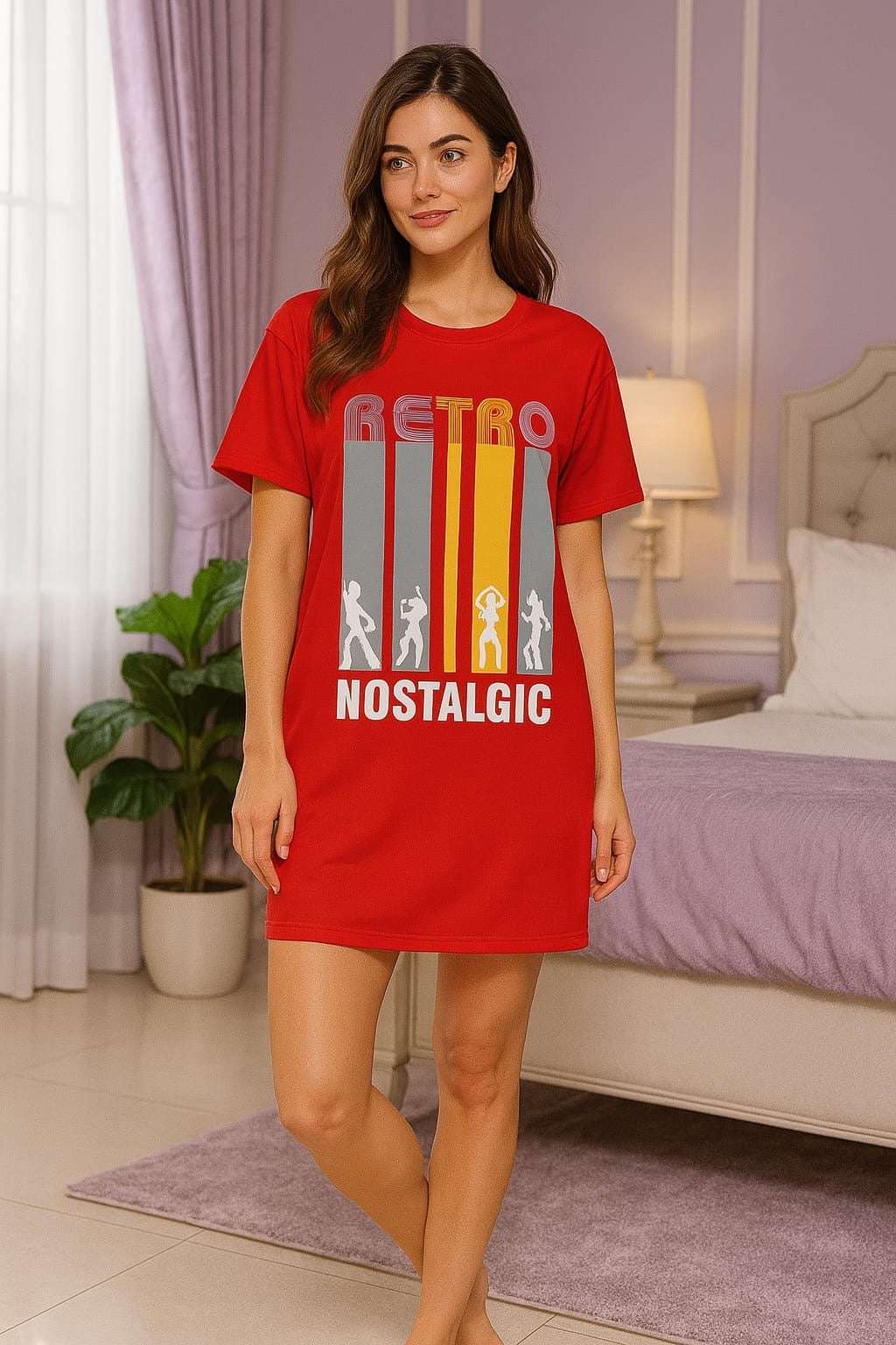 Retro Nostalgic Nightshirt – Red Graphic Sleep Tee for Fun, Comfy Vibes