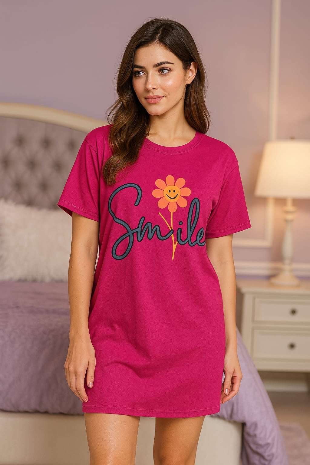 Women’s Pink “Smile” Sleep Shirt – Graphic Printed Cotton Nightdress