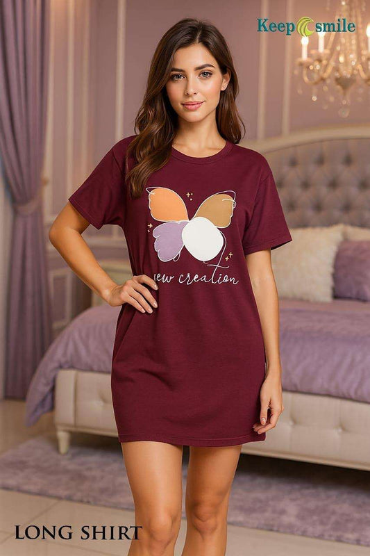 Intimate Butterfly Print Long Shirt – Maroon Sleep Tee with Positive Vibes