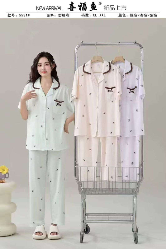 Bow Trim Cotton Pajama Set – Women’s Short-Sleeve Button Night Suit with Pocket