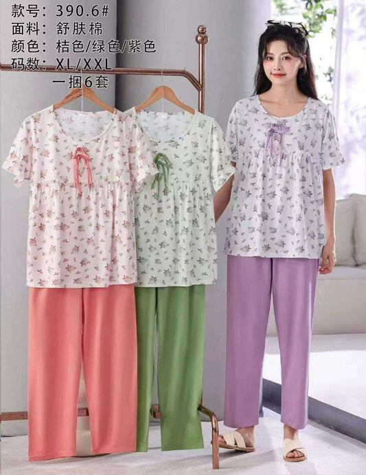 Floral Cotton Sleepwear Set – Women’s Printed Night Suit with Ribbon Top & Pajamas